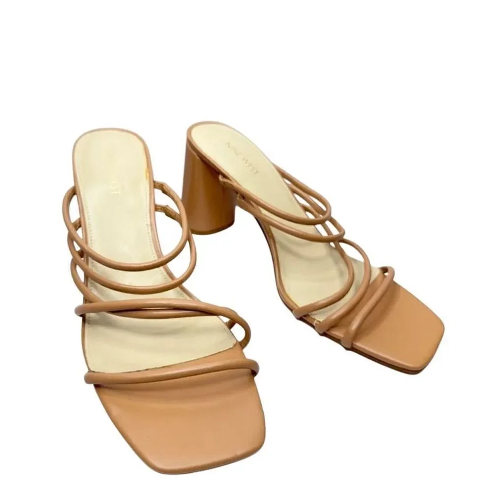 Nine West Sandals Womens Size 12 Tan Strappy Square‎ Open Toe Block Heel